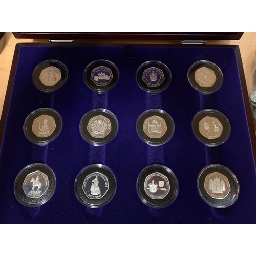 432 - A SET OF TWELVE COIN 50P 50TH ANNIVERSARY OF THE CORONATION SILVER PROOF SET WITH WOODEN PRESENTATIO... 