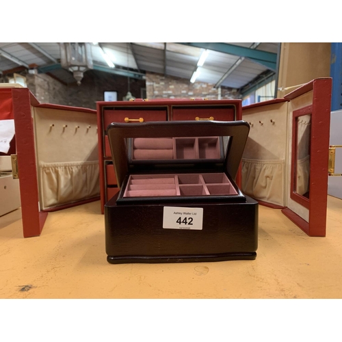 442 - A RED AND GOLD PORTABLE SIX DRAWER JEWELLERY CASE AND A SMALL WOODEN JEWELLERY BOX