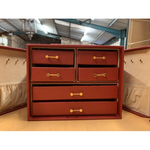 442 - A RED AND GOLD PORTABLE SIX DRAWER JEWELLERY CASE AND A SMALL WOODEN JEWELLERY BOX