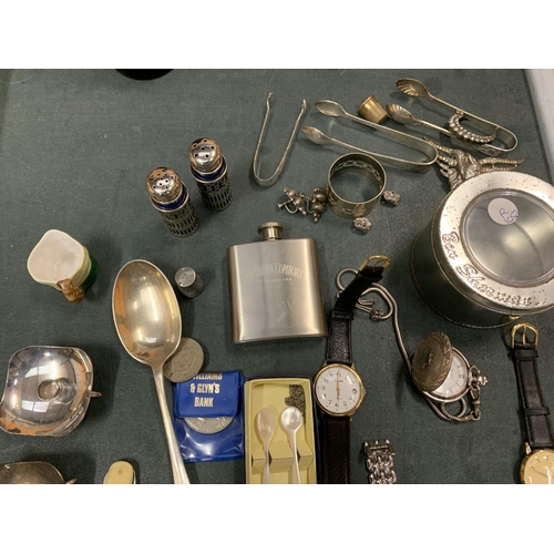 453 - AN ASSORTMENT OF VARIOUS COLLECTABLE ITEMS TO INCLUDE SIX WATCHES, SILVER SUGAR TONGS ETC