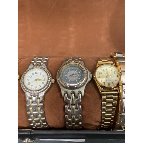 462 - SIX WHITE AND GOLD LADIES WRIST WATCHES TO INCLUDE TWO BRACELETS IN A PRESENTATION CASE