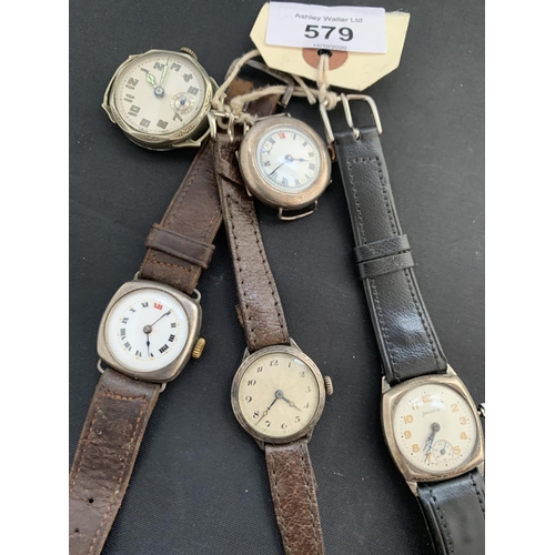 579 - FIVE WATCHES THREE 925 SILVER, ONE HALLMARKED AND ONE OTHER