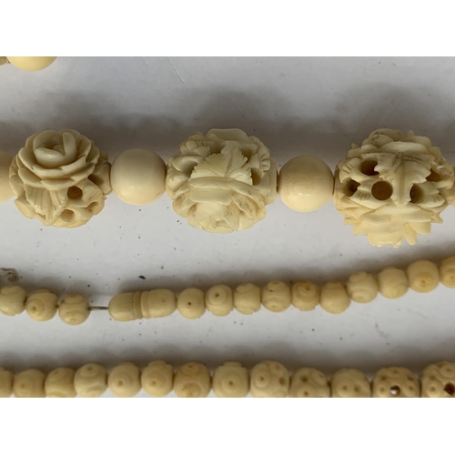 622 - ANTIQUE IVORY COLOURED CARVED ROSE BEADS NECKLACE, SINGLE GRADUATED STRAND 40 INCHES TOGETHER WITH T... 