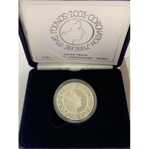 631 - UNITED KINGDOM , “2003 CORONATION JUBILEE” SILVER PROOF £5 CROWN , COMPLETE WITH BOX , OUTER AND COA