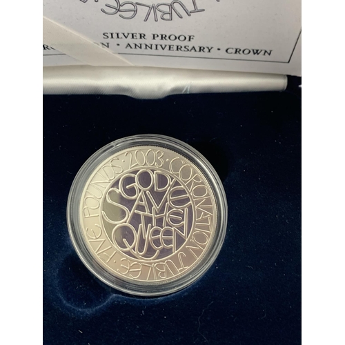 631 - UNITED KINGDOM , “2003 CORONATION JUBILEE” SILVER PROOF £5 CROWN , COMPLETE WITH BOX , OUTER AND COA