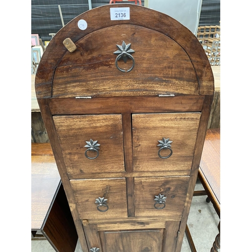 2136 - A MODERN INDONESIAN WOOD DOME TOPPED CHEST WITH TWO DOORS AND FOUR DRAWERS