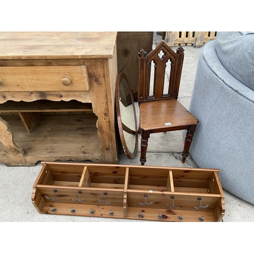 2143 - AN IKEA PINE COAT RACK WITH PIGEON HOLES, AN OVAL INLAID MAHOGANY BEVEL EDGE MIRROR AND A VICTORIAN ... 