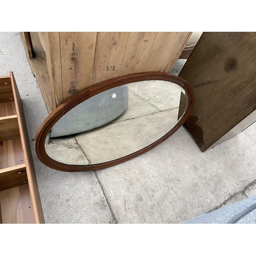 2143 - AN IKEA PINE COAT RACK WITH PIGEON HOLES, AN OVAL INLAID MAHOGANY BEVEL EDGE MIRROR AND A VICTORIAN ... 