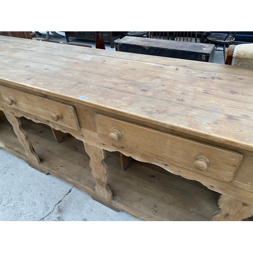 2144 - A LARGE VICTORIAN STYLE PINE DRESSER WITH FOUR DRAWERS AND OPEN BASE - 120