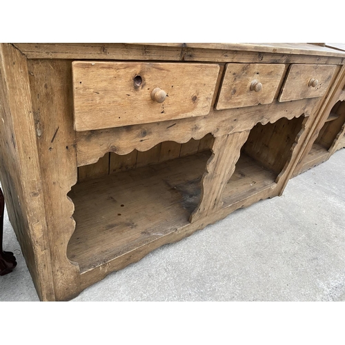 2146 - A LARGE VICTORIAN STYLE PINE DRESSER WITH OPEN BASE, THREE DRAWERS AND UPPER PLATE RACK