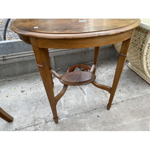 1823 - AN OVAL EDWARDIAN MAHOGANY AND INLAID TWO TIER OCCASIONAL TABLE, ON SPADE FEET, 29