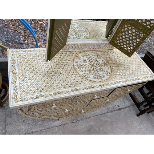 1824 - A MOROCCAN CRESCENT SHAPED DRESSING TABLE WITH SIX DRAWERS, DECORATED WITH CAMEL BONE AND BRASS EFFE... 