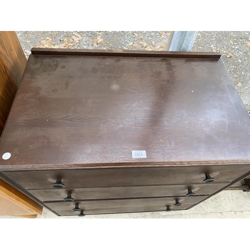 1833 - AN OAK CHEST OF FOUR DRAWERS AND A JACOBEAN STYLE STOOL WITH LIFT-UP LID