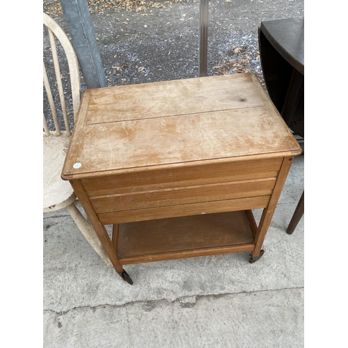 1834 - A MEREDEW BEDSIDE LOCKER, TWO WINDSOR STYLE CHAIRS AND A SEWING TROLLEY/TABLE