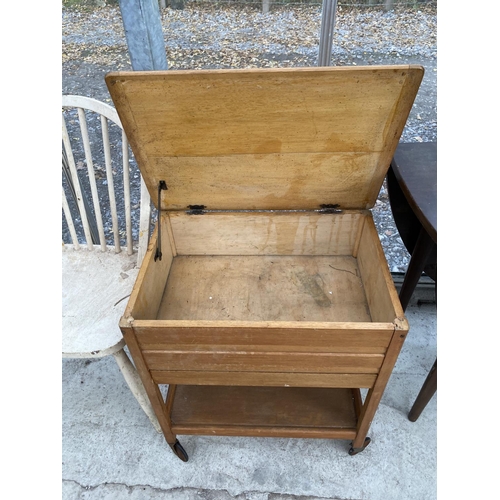 1834 - A MEREDEW BEDSIDE LOCKER, TWO WINDSOR STYLE CHAIRS AND A SEWING TROLLEY/TABLE