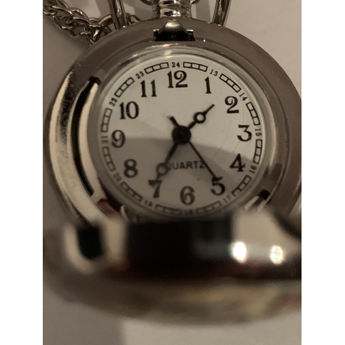 515 - A BOXED WHITE METAL POCKET WATCH WITH AN ENAMEL PENNY FARTHING DECORATION AND CHAIN