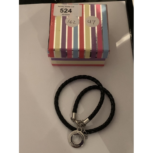 524 - A HUGO BOSS PERFUME LEATHER NECKLACE WITH WHITE METAL PENDANT