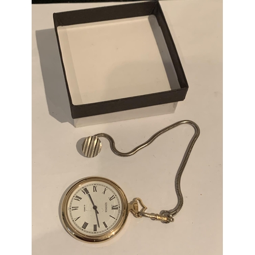 553 - A GOLD PLATED POCKET WATCH AND CHAIN IN WORKING ORDER