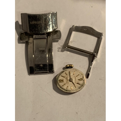 572 - A LADIES WRIST WATCH MOVEMENT (BELIEVED ROLEX), A PLATINUM WATCH CLASP AND A WATCH CLASP MARKED ETER... 