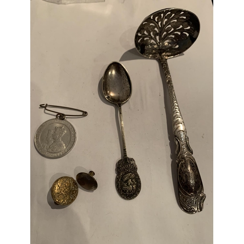 573 - A LADLE STYLE TEA STRAINER POSSIBLY SILVER, AN EPNS TEASPOON, A GEORGE 6TH CORONATION MEDAL AND A BR... 