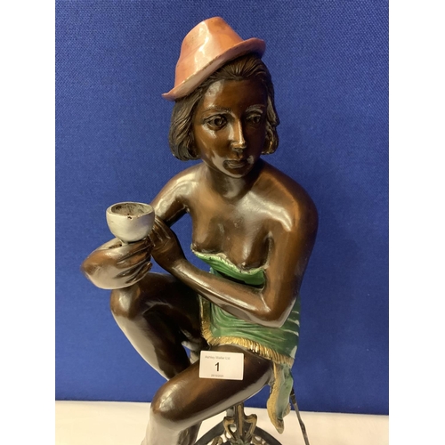 1 - A BRONZE FIGURINE OF A SEMI-NUDE POSED ON A TALL STOOL IN AN ART DECO STYLE