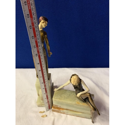 19 - A PAIR OF 1920S STYLE LADIES MOUNTED ON MARBLE PLINTHS (HANDS A/F ON ONE MODEL)