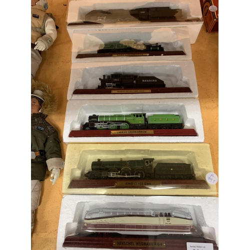 224 - AN ASSORTMENT OF SIX TRAIN MODELS ON WOODEN PLINTHS TO INCLUDE A OBB 214 CLASS ETC