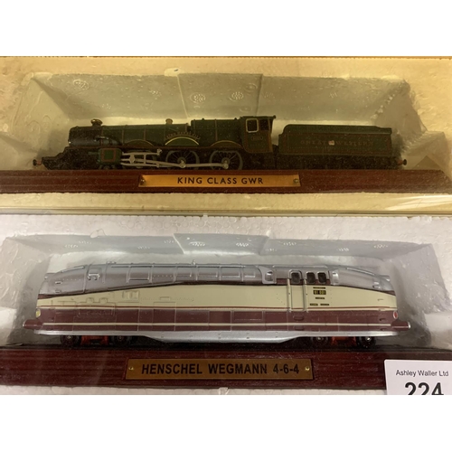 224 - AN ASSORTMENT OF SIX TRAIN MODELS ON WOODEN PLINTHS TO INCLUDE A OBB 214 CLASS ETC