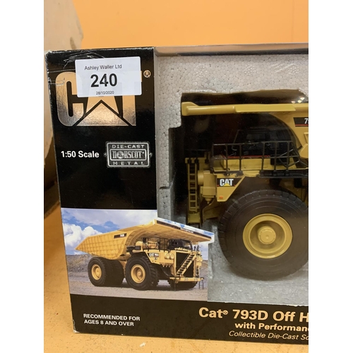 240 - A DIECAST NORSCOT MODEL OF A CAT DUMPTRUCK IN THE BOX