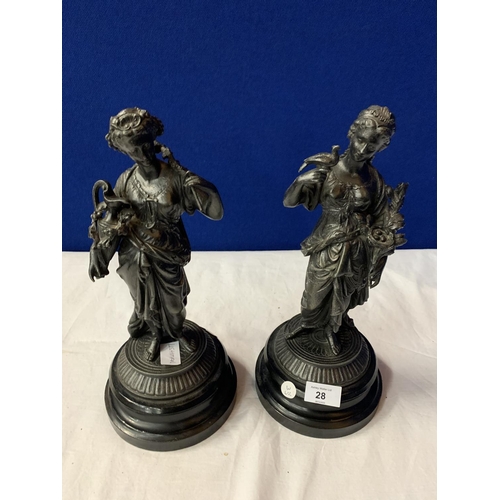 28 - A PAIR OF SPELTER FIGURINES ON POLISHED WOODEN BASES