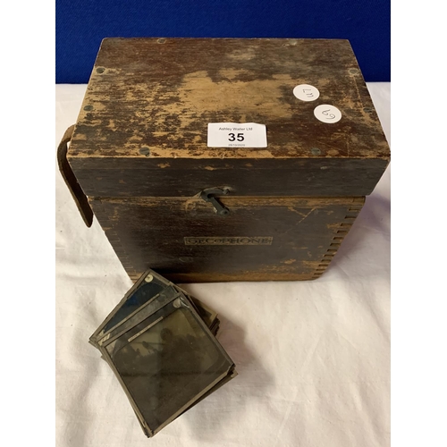 35 - A VINTAGE WOODEN BOX CONTAINING VICTORIAN GLASS SLIDES