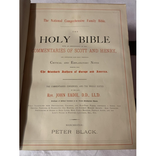 4 - A LARGE LEATHER AND BRASS BOUND HOLY BIBLE WITH AN 1876 BIRTH CERTIFICATE