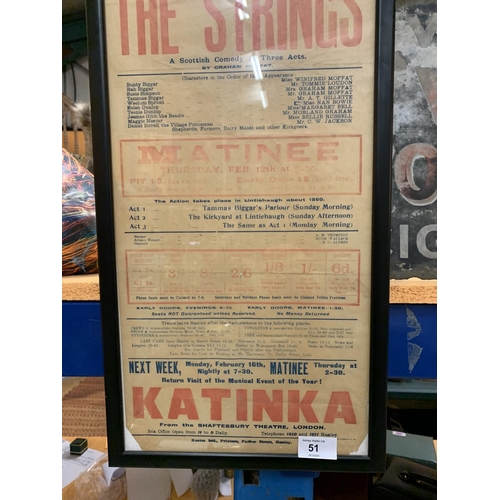 51 - A FRAMED VINTAGE POSTER FOR THE THEATRE ROYAL HANLEY ' BUNTY PULLS THE STRINGS' 1925