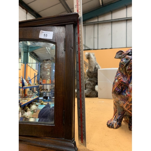 53 - A SMALL VINTAGE WOODEN MIRRORED CORNER CUPBOARD