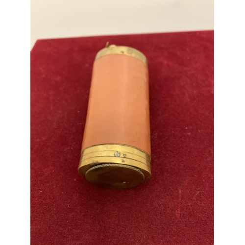 59 - A BRASS AND LEATHER THREE WAY POWDER FLASK