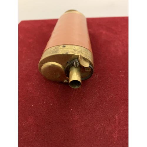 59 - A BRASS AND LEATHER THREE WAY POWDER FLASK