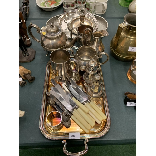 66 - AN ASSORTMENT OF SILVER PLATED ITEMS TO INCLUDE TRAYS, FLATWARE ETC