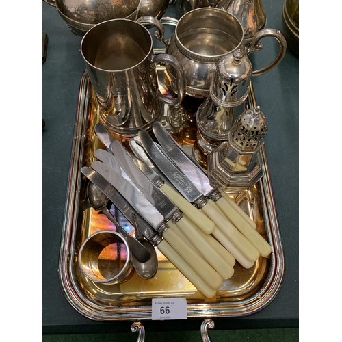 66 - AN ASSORTMENT OF SILVER PLATED ITEMS TO INCLUDE TRAYS, FLATWARE ETC