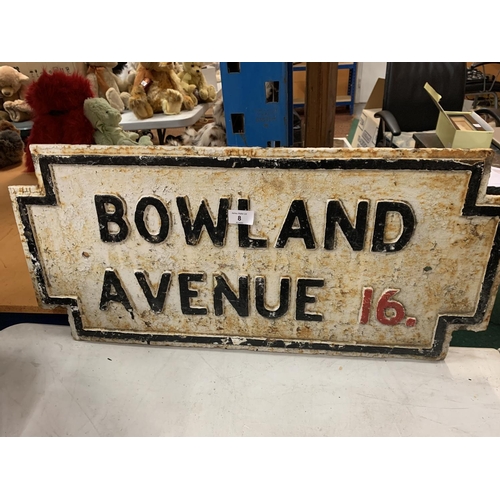 8 - A HEAVY CAST IRON BELIEVED GENUINE LIVERPOOL STREET SIGN  'BOWLAND AVENUE 16'