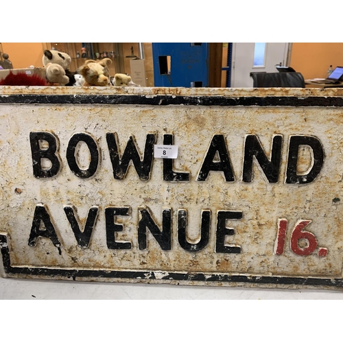 8 - A HEAVY CAST IRON BELIEVED GENUINE LIVERPOOL STREET SIGN  'BOWLAND AVENUE 16'