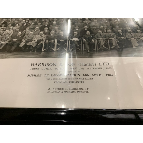 84 - A FRAMED PICTURE OF THE HARRISON AND SON (HANLEY) WORKS OUTING TO SOUTHPORT, 23RD SEPTEMBER 1950