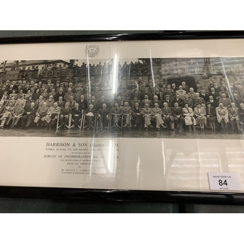 84 - A FRAMED PICTURE OF THE HARRISON AND SON (HANLEY) WORKS OUTING TO SOUTHPORT, 23RD SEPTEMBER 1950