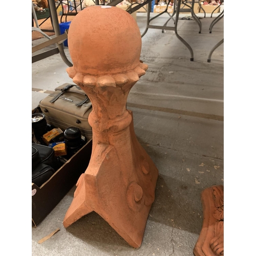 94 - A TERRACOTTA ROOF FINIAL IN A CHESS PIECE STYLE