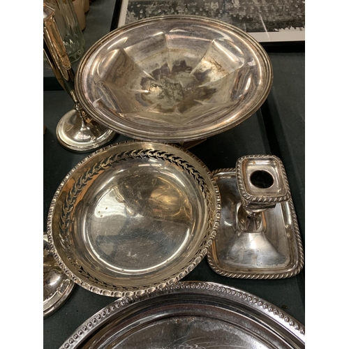 97 - A QUANTITY OF SILVERPLATE TO INCLUDE THREE CANDLESTICKS