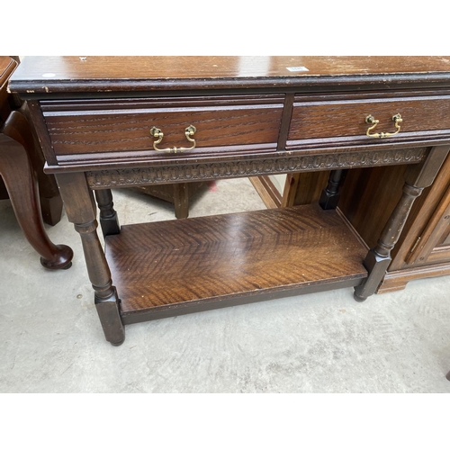 1849 - A REPRODUCTION OAK SIDE TABLE WITH TWO DRAWERS AND POT BOARD, 37