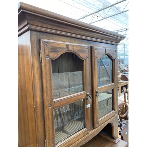 1850 - A MODERN HARDWOOD DRESSER WITH GLAZED UPPER PORTION AND SHAM LOUVRE DOORS TO BASE, 42