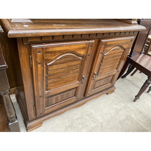 1850 - A MODERN HARDWOOD DRESSER WITH GLAZED UPPER PORTION AND SHAM LOUVRE DOORS TO BASE, 42