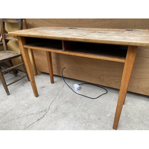 1856 - A BEECH CHILDS DOUBLE SCHOOL DESK WITH BRASS SLIDING INKWELLS