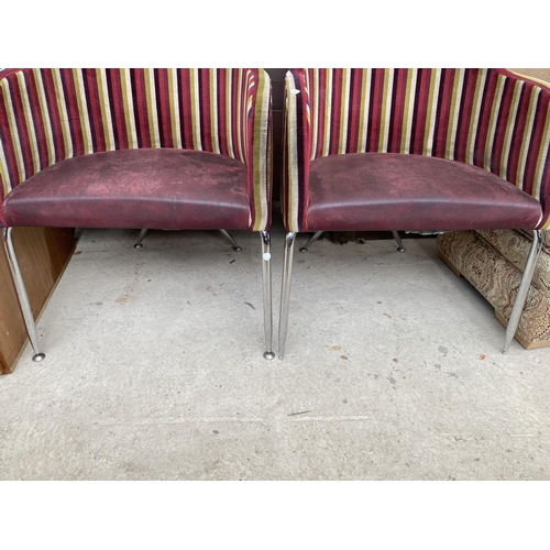 1870 - A PAIR OF 1970's STYLE TUB CHAIRS WITH STRIPED UPHOLSTERY, ON CHROME LEGS