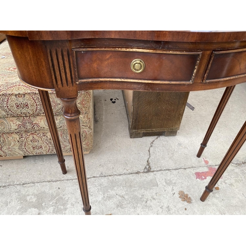 1872 - A REPRODUCTION MAHOGANY SIDE TABLE WITH TWO FRIEZE DRAWERS, ON TAPERED AND FLUTED LEGS